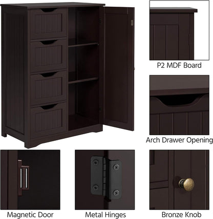 Brown Wooden Bathroom Cabinet with 4 Drawers Cupboard