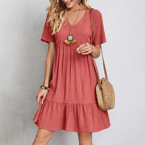 2025 Loose V-neck Short Sleeved Pleated Women Dress Solid Color A-line