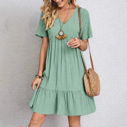 2025 Loose V-neck Short Sleeved Pleated Women Dress Solid Color A-line