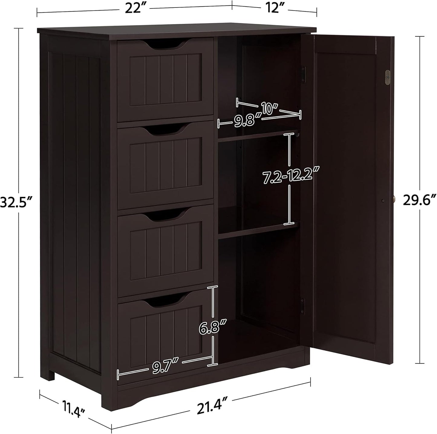 Brown Wooden Bathroom Cabinet with 4 Drawers Cupboard