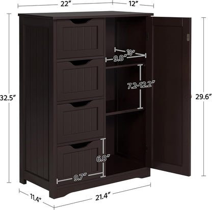 Brown Wooden Bathroom Cabinet with 4 Drawers Cupboard