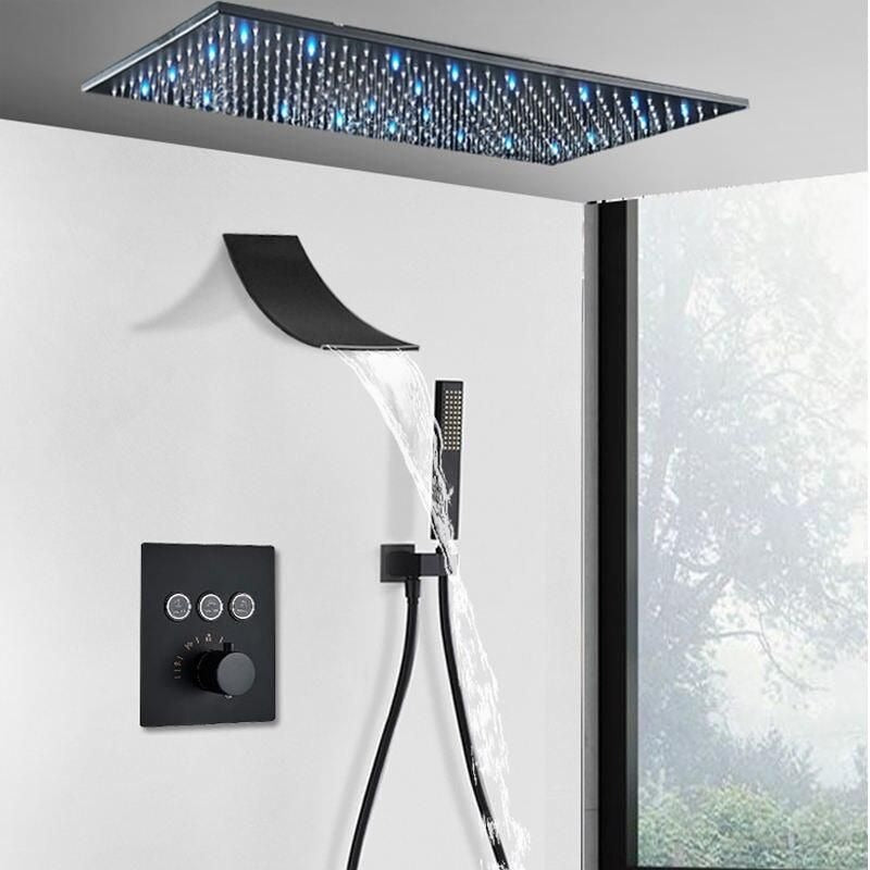 Luxury Black LED Thermostatic Shower Faucet Large Rain Waterfall Shower System