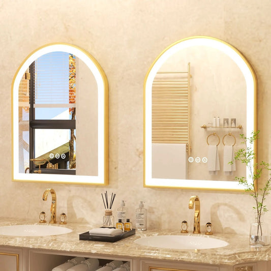 24″x36″ Arched LED Bathroom Mirror – Anti-Fog, Dimmable, Gold Frame